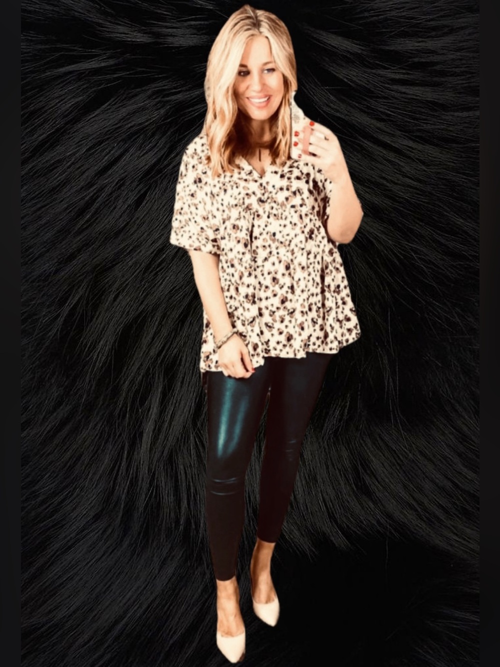 Leopard Print Boho Baby Doll V-neck Top w/ Back Cutout and Magenta/Pink Tassels